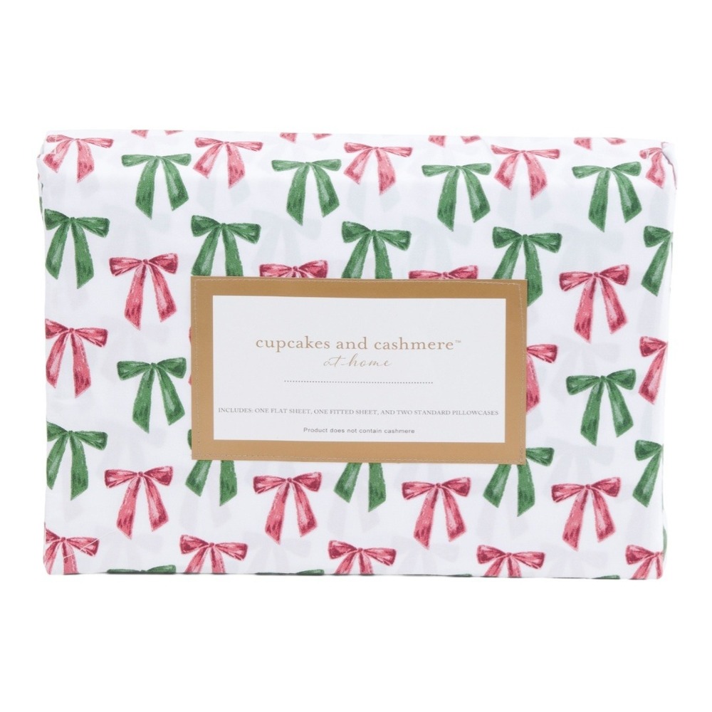Cupcakes and Cashmere Ribbon‎ Bow Sheet Set Queen White Red Green Christmas NWT